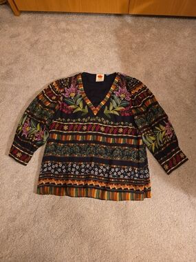 FARM Rio Anthropologie Black Floral Striped V‑Neck Blouse Sz Lg